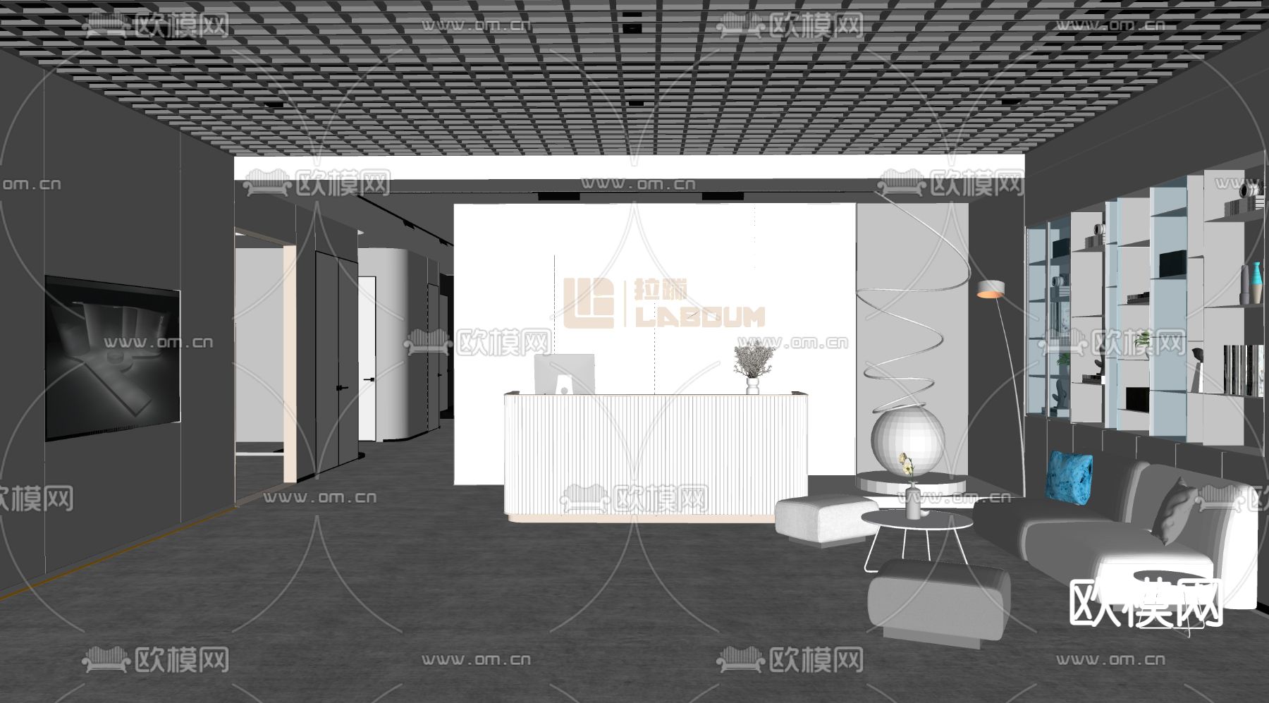 现代公司前台接待su模型下载（渲染图2）