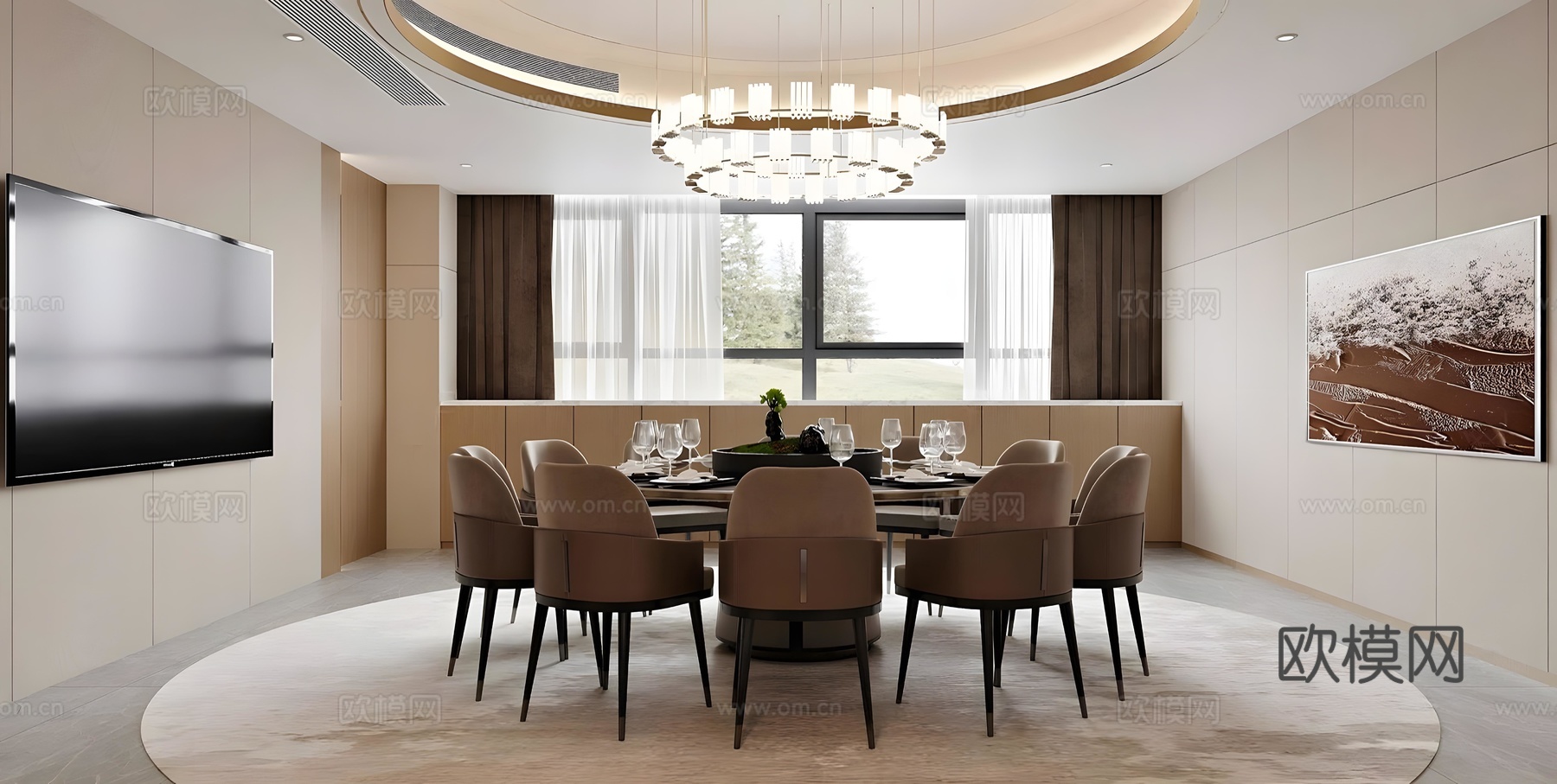 新中式包厢 中餐厅包厢 包厢餐桌椅 圆桌餐桌椅 四人以上餐桌su模型下载（渲染图2）