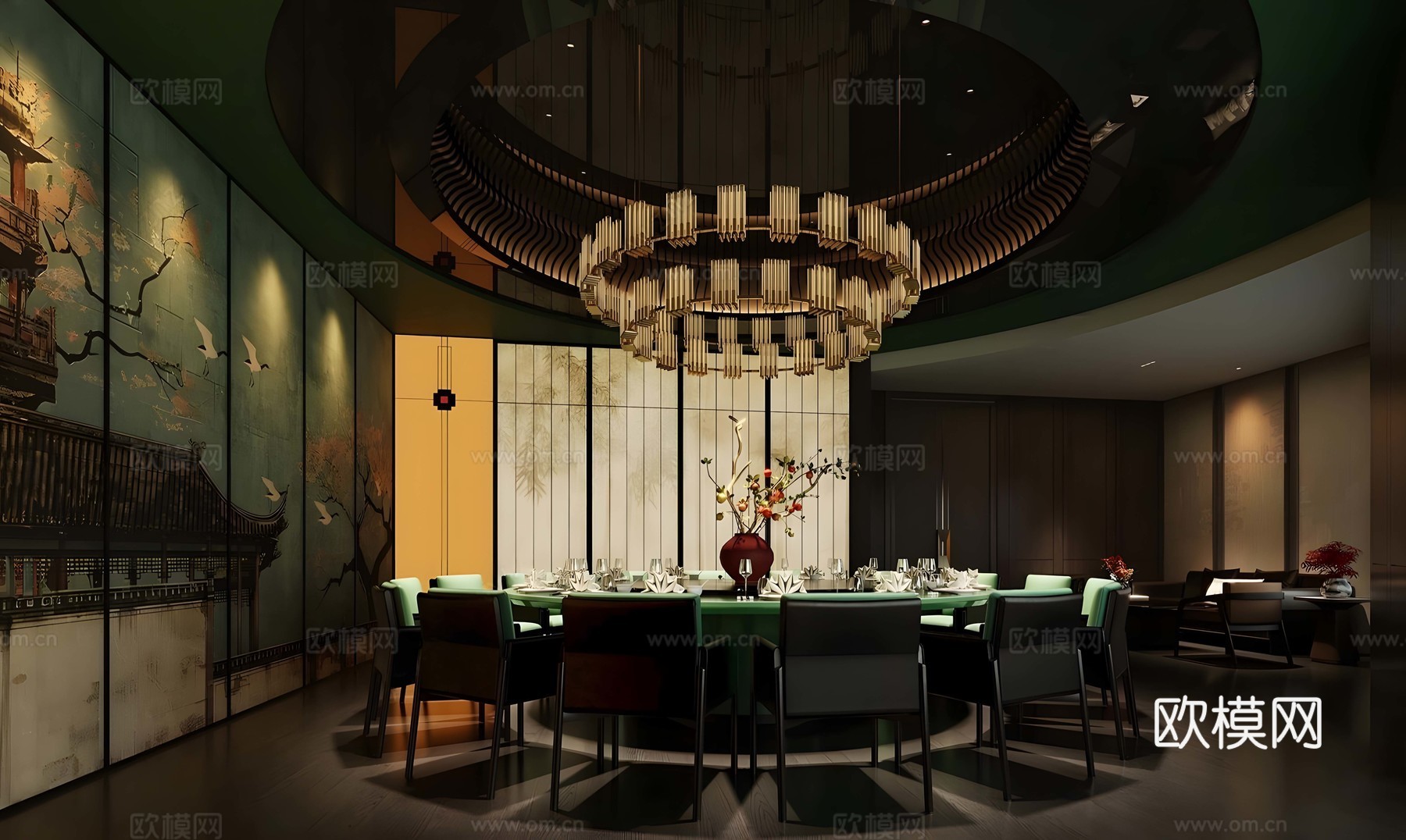 新中式包厢 餐厅包厢 会所包厢 包厢餐桌椅 四人以上餐桌椅su模型下载（渲染图1）