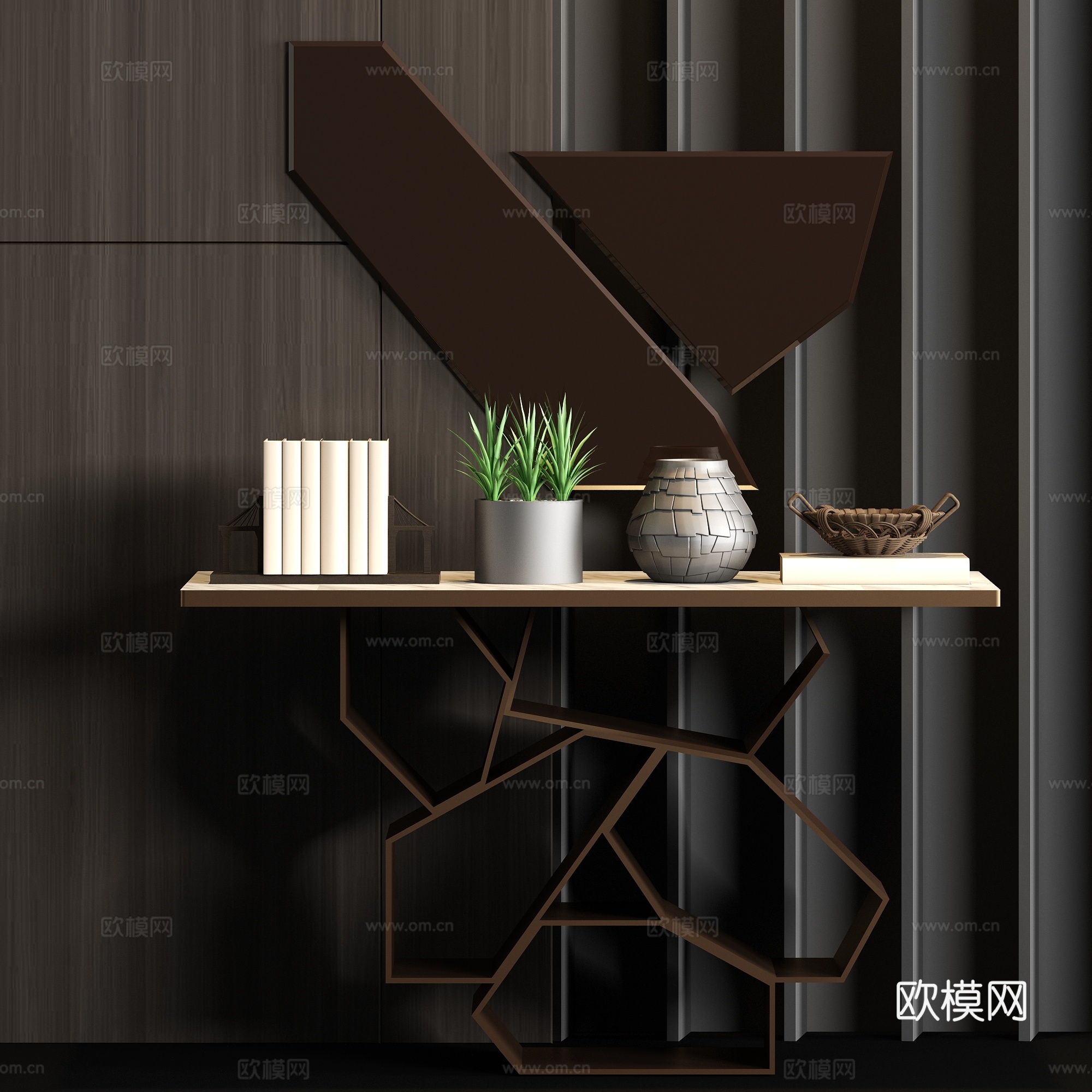 现代金属大理石玄关案几镜子饰品组合3d模型