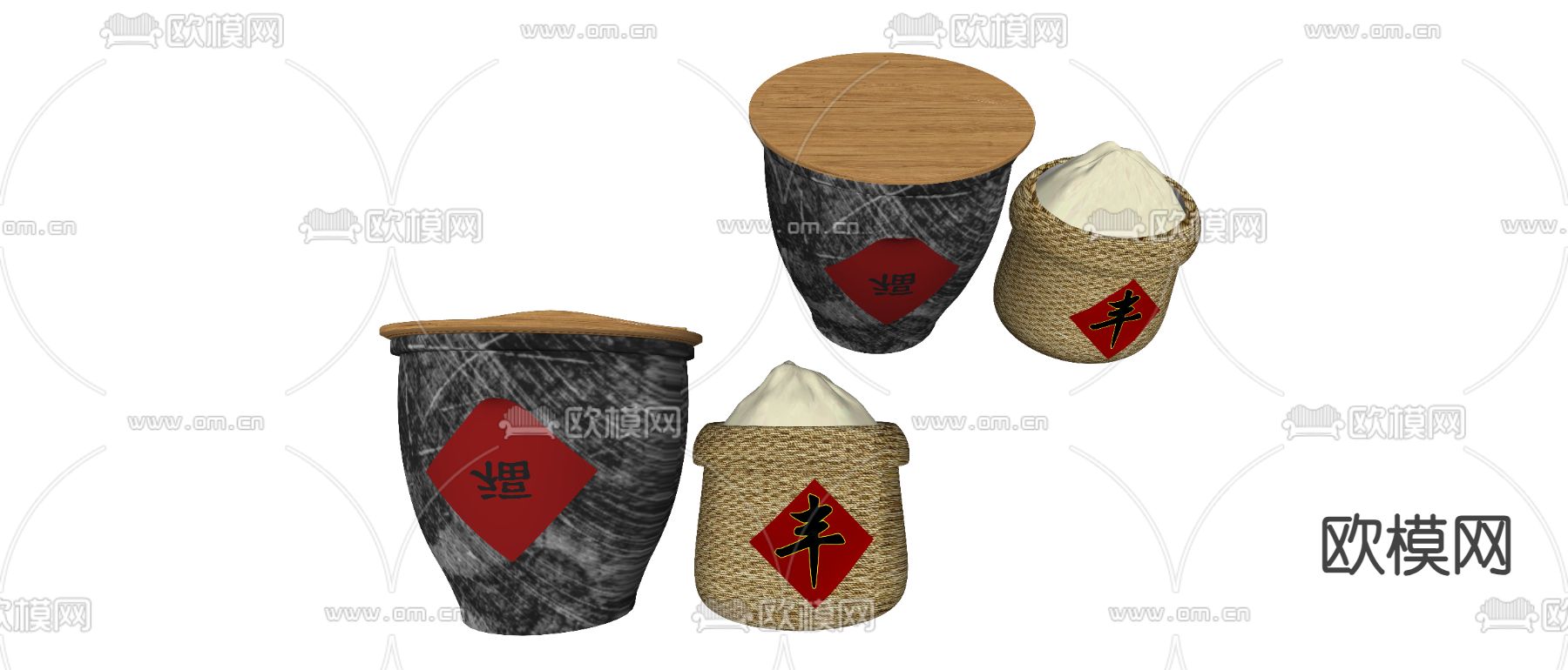 中式米缸 面缸 瓮 编制筐 陶瓷器皿 农家乐小品su模型