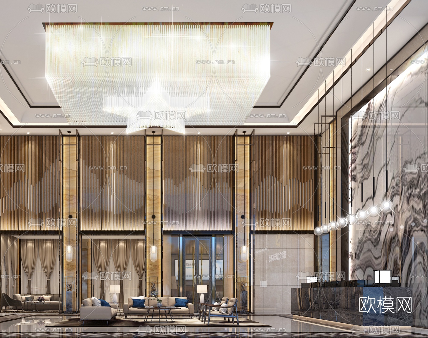 新中式酒店大堂前台接待区3d模型下载（渲染图2）