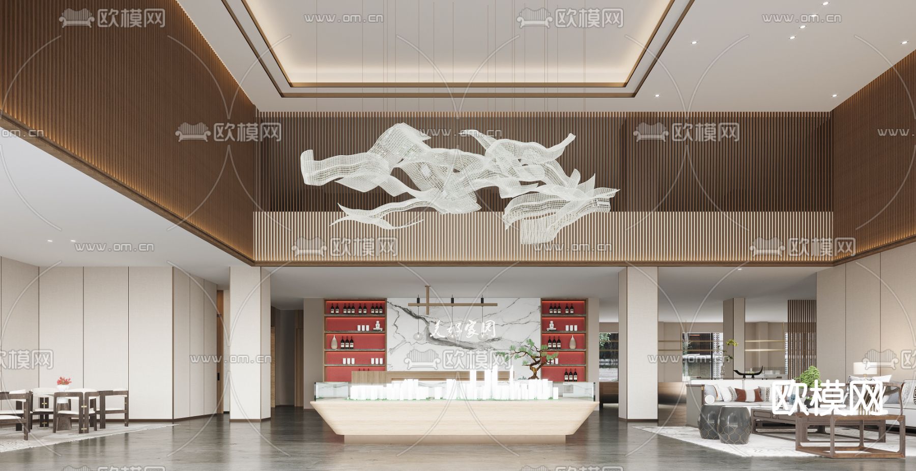 新中式售楼处 沙盘区3d模型下载（渲染图1）