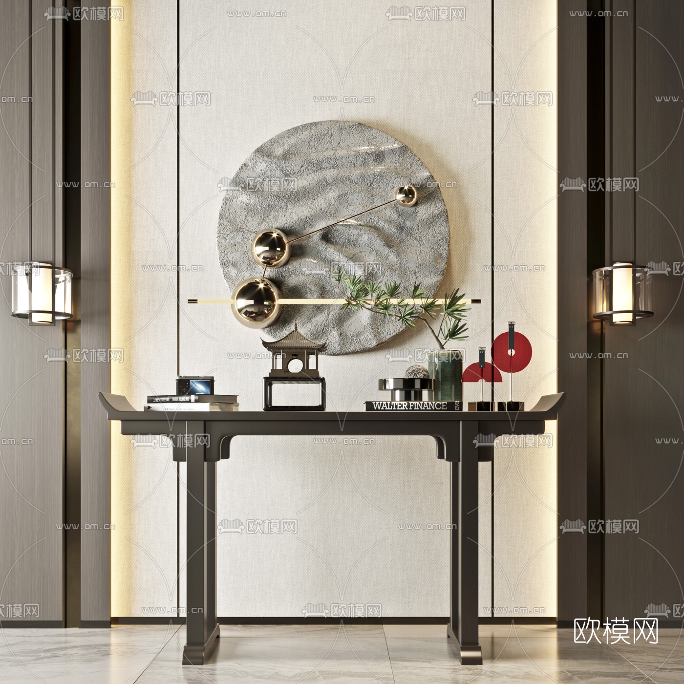 新中式端景条案3d模型下载（渲染图1）