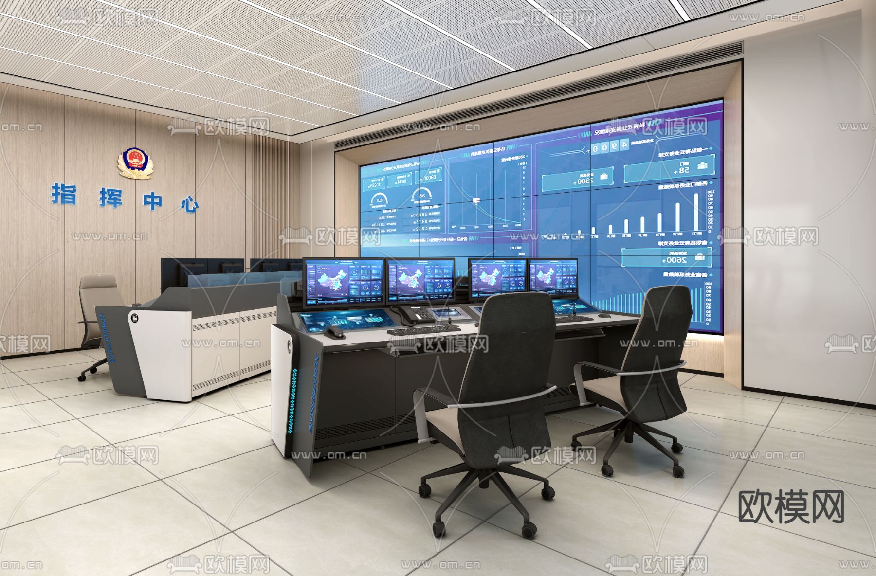 指挥中心监控室 调度室操作台su模型下载（渲染图3）