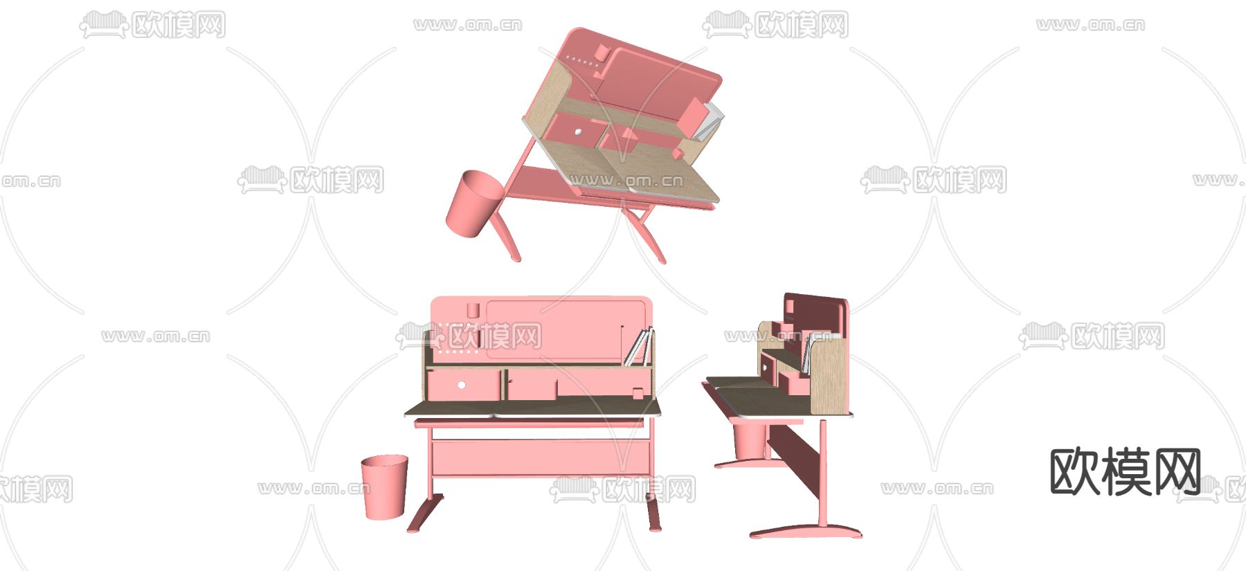 粉色书桌 学生书桌 儿童书桌 写字台su模型