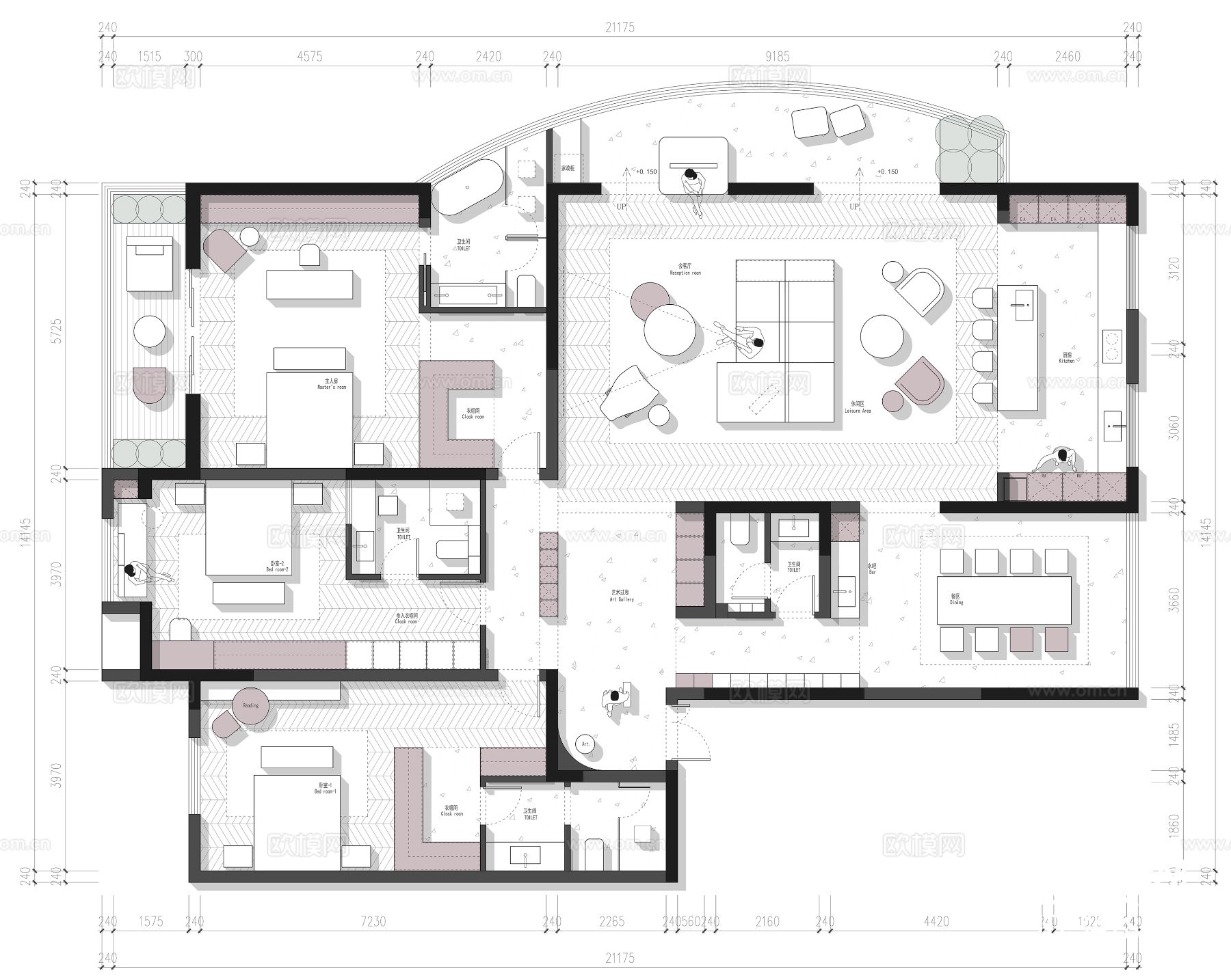 iGo 300㎡大平层CAD施工图下载（渲染图1）