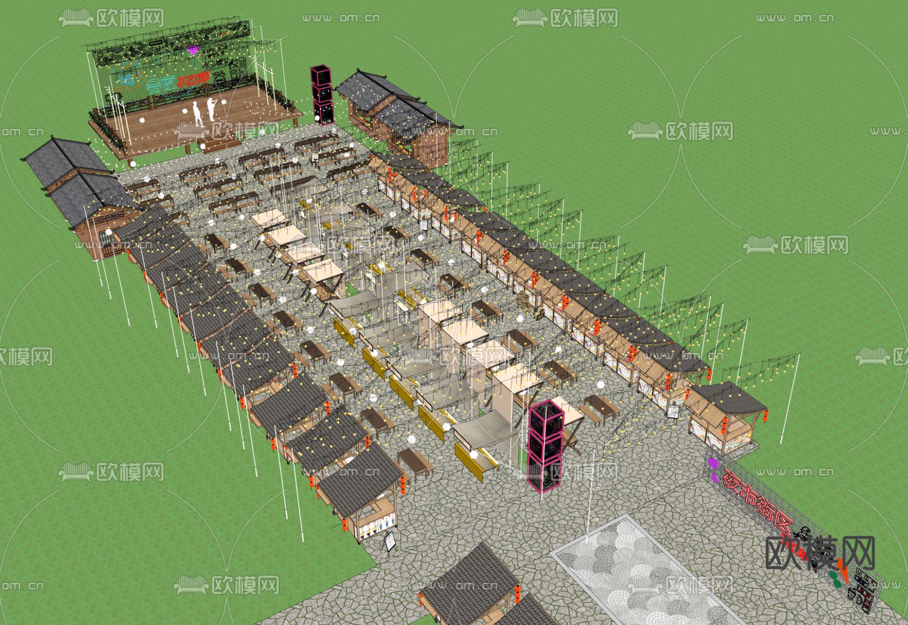 夜市摊位 小摊 美食街 霓虹灯 氛围灯su模型下载（渲染图1）