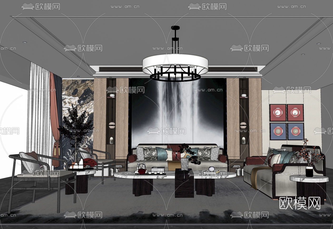 新中式轻奢沙发组合su模型下载（渲染图2）