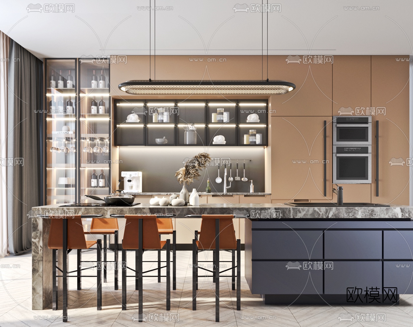 现代厨房中岛柜餐桌椅3d模型下载（渲染图1）