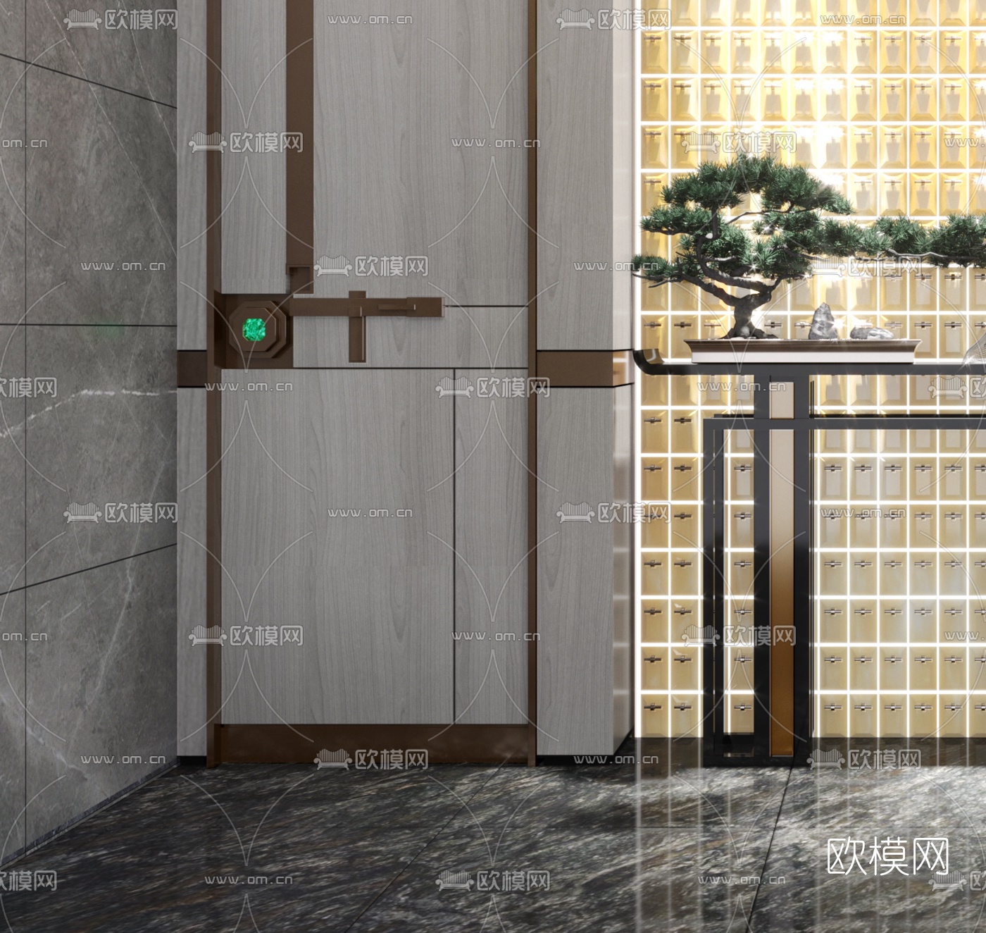 新中式公用卫生间入口3d模型下载（渲染图2）