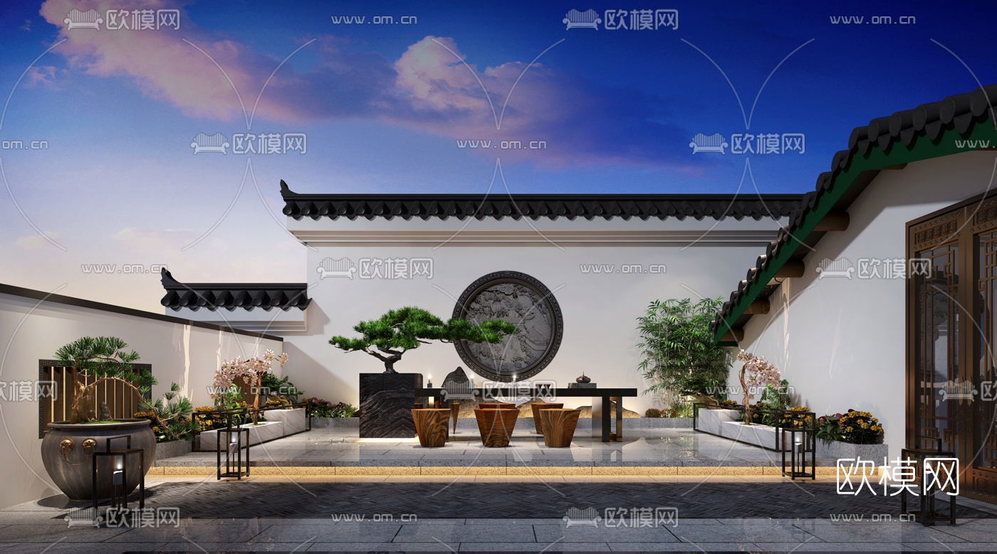 新中式屋顶露台花园品茶区3d模型下载（渲染图1）