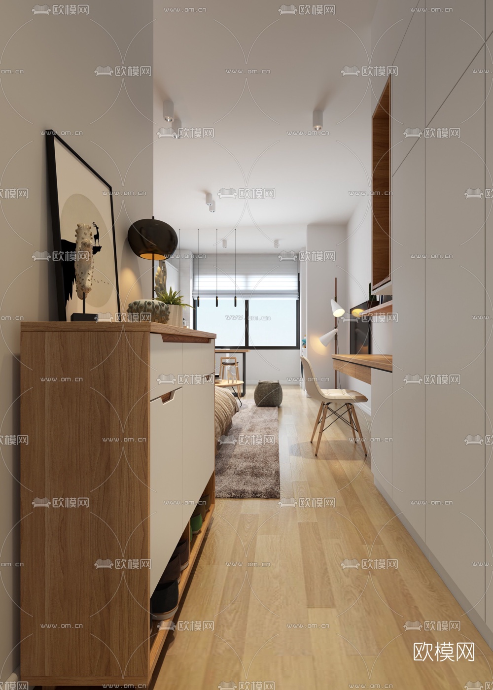 北欧单身公寓客厅餐厅卧室3D模型下载（渲染图2）