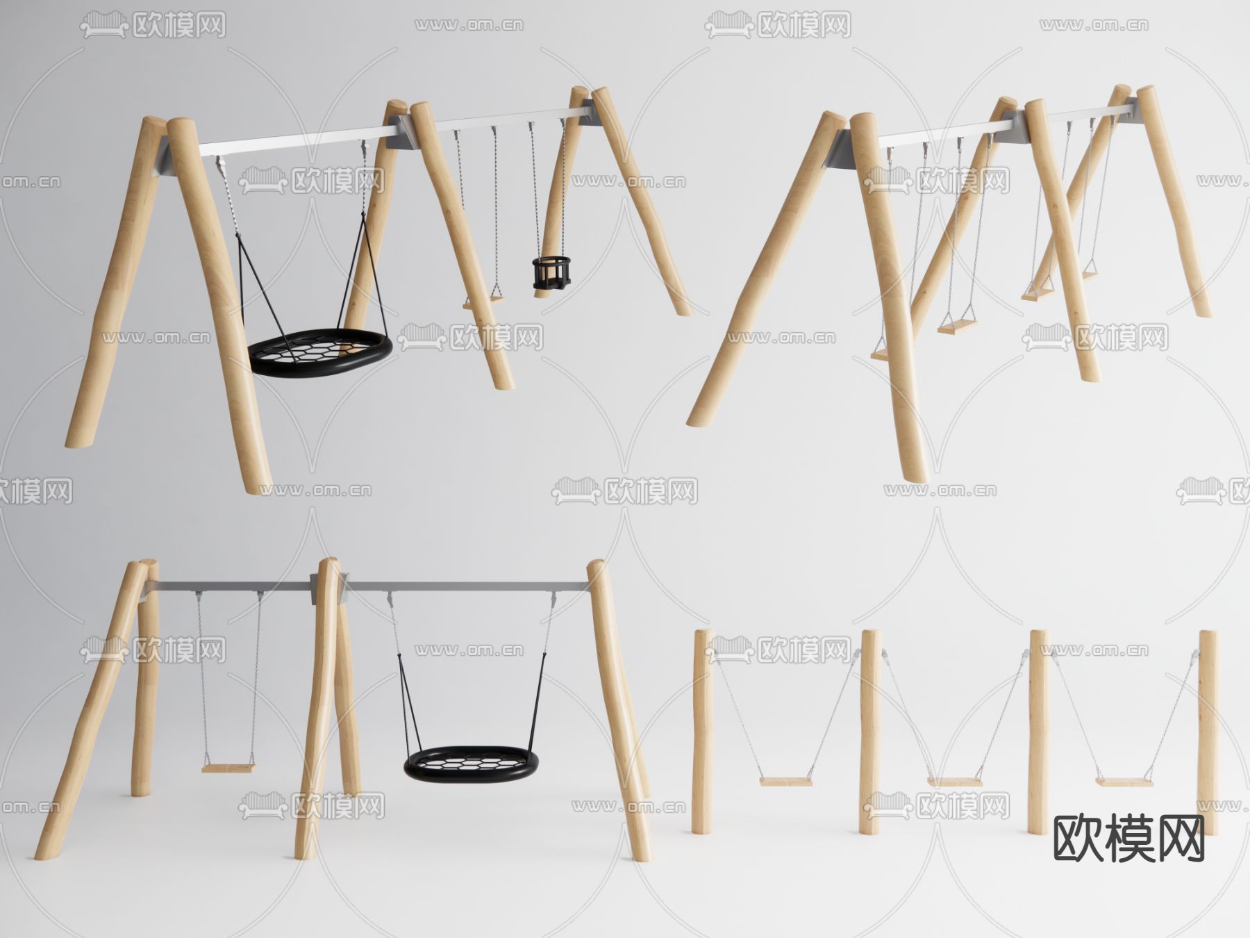 现代秋千 游乐设施 木制游乐设施su模型