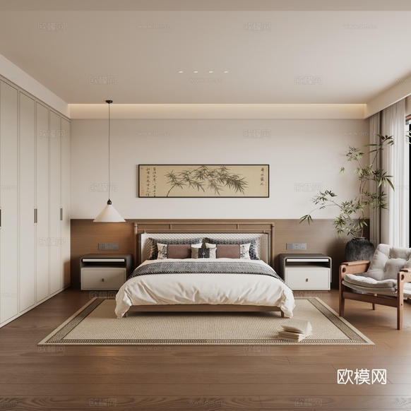 新中式臥室 宋式美學(xué)臥室 現(xiàn)代中式臥室 現(xiàn)代宋式美學(xué)臥室3d模型下載(渲染圖1)