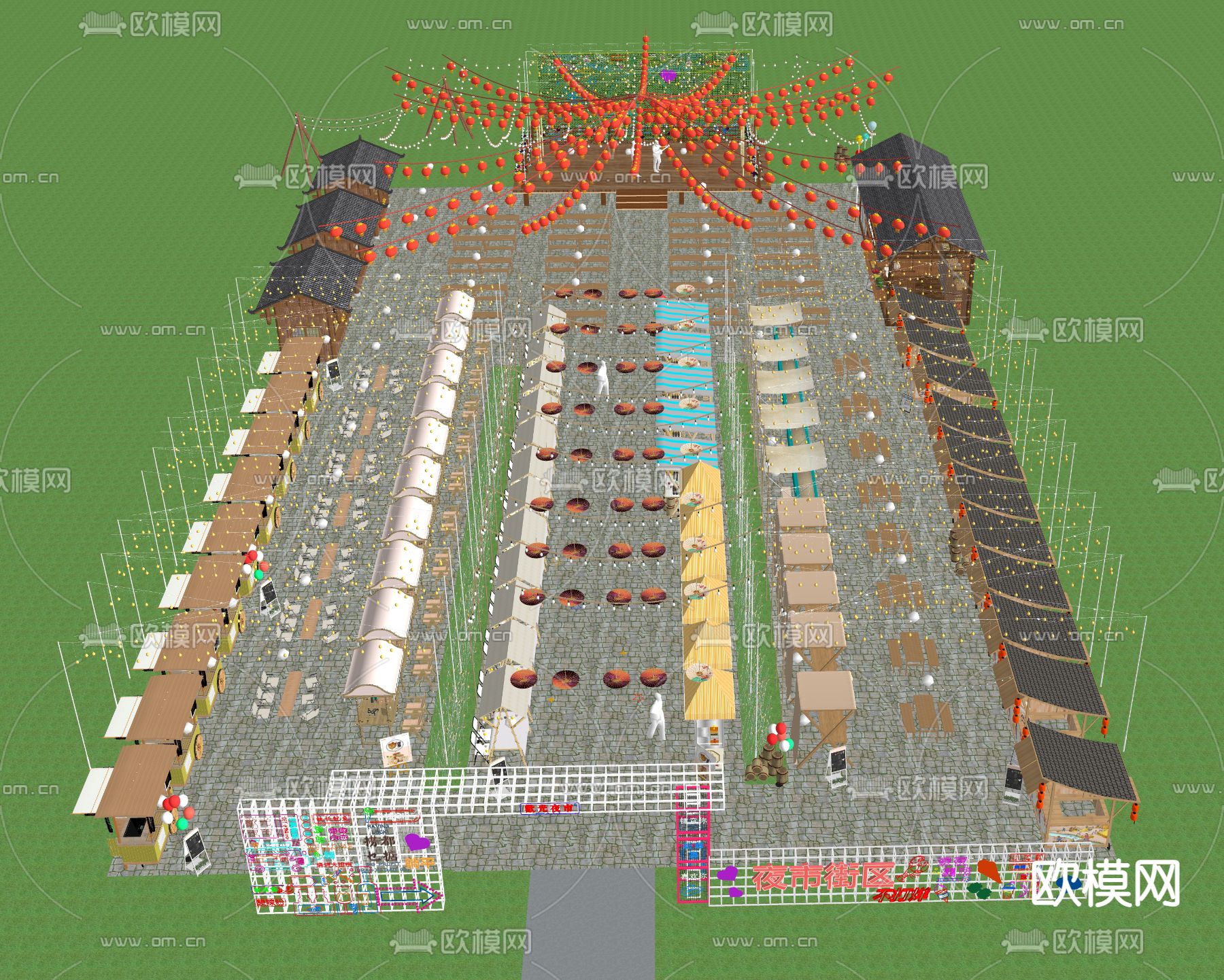 夜市摊位 小摊 美食街 霓虹灯 氛围灯su模型下载（渲染图1）