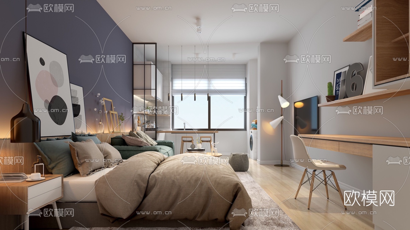 北欧单身公寓客厅餐厅卧室3D模型下载（渲染图1）