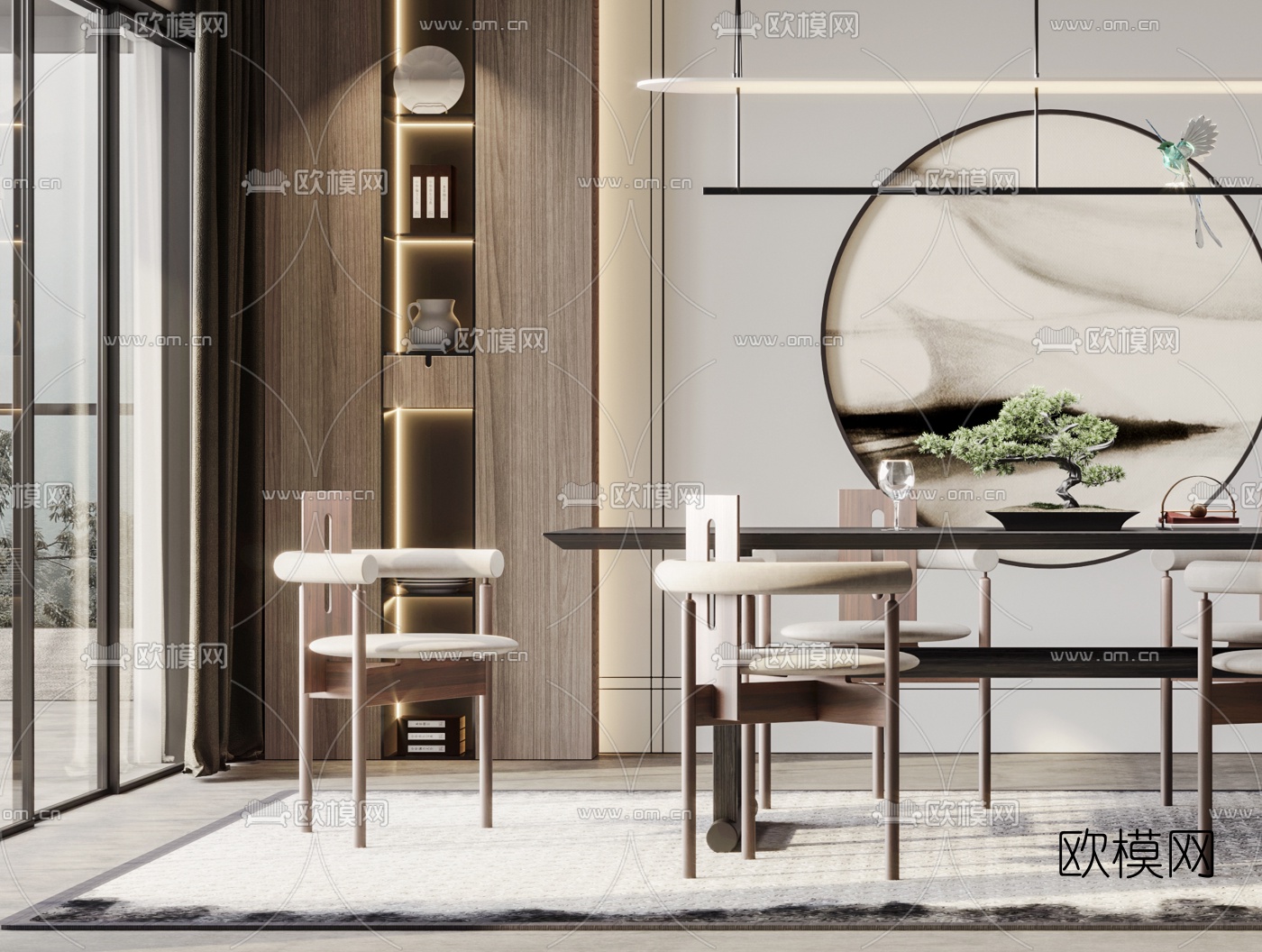 新中式条形餐桌椅3d模型下载（渲染图2）