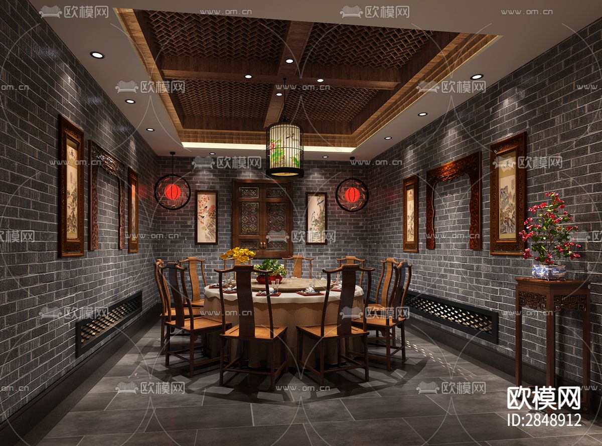 中餐厅CAD施工图下载（渲染图3）