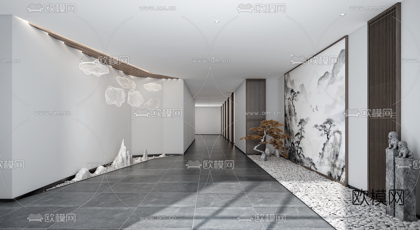 新中式办公室过道3d模型下载