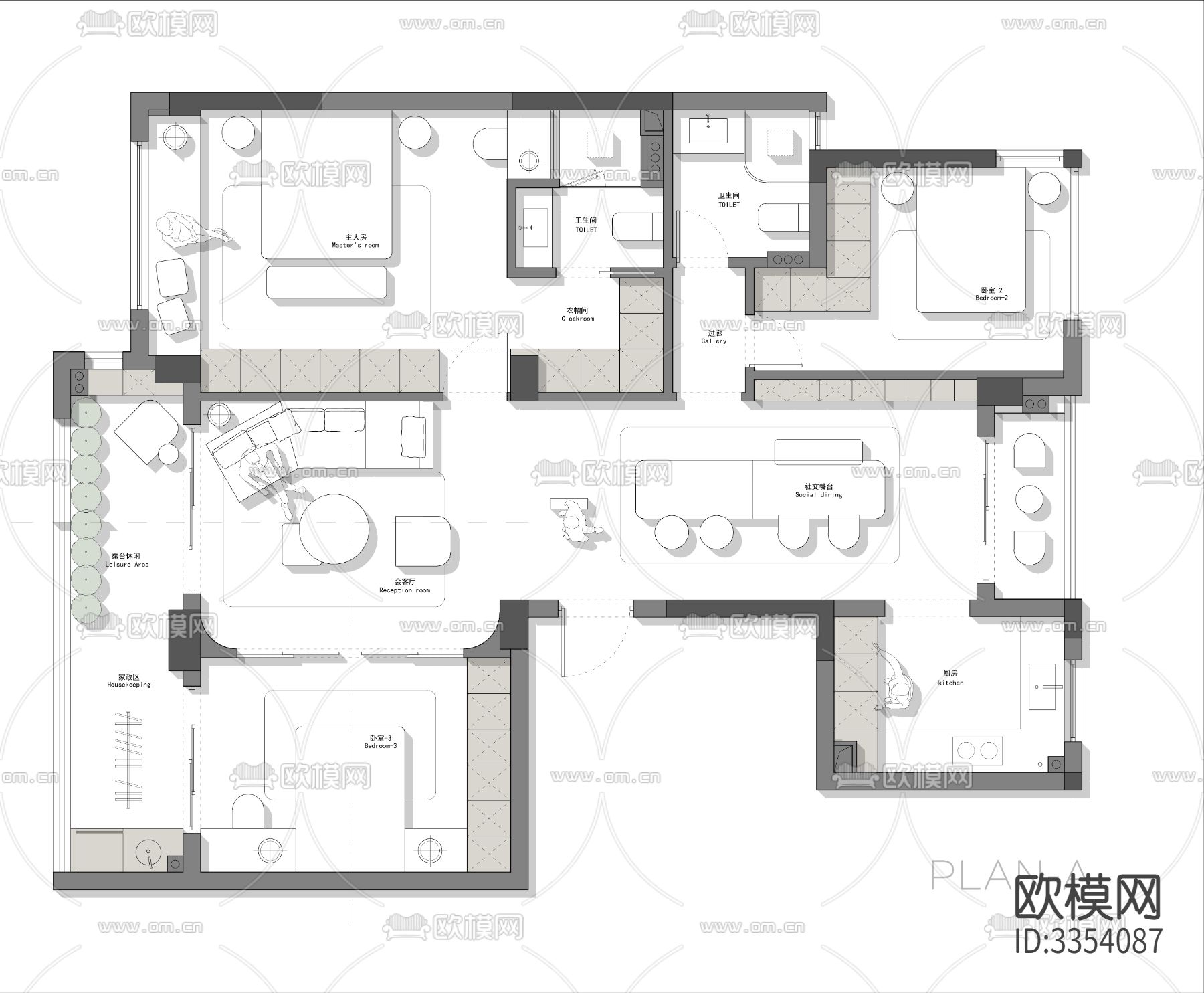 128㎡三室常规户型创新平面优化案例源文件下载（渲染图1）