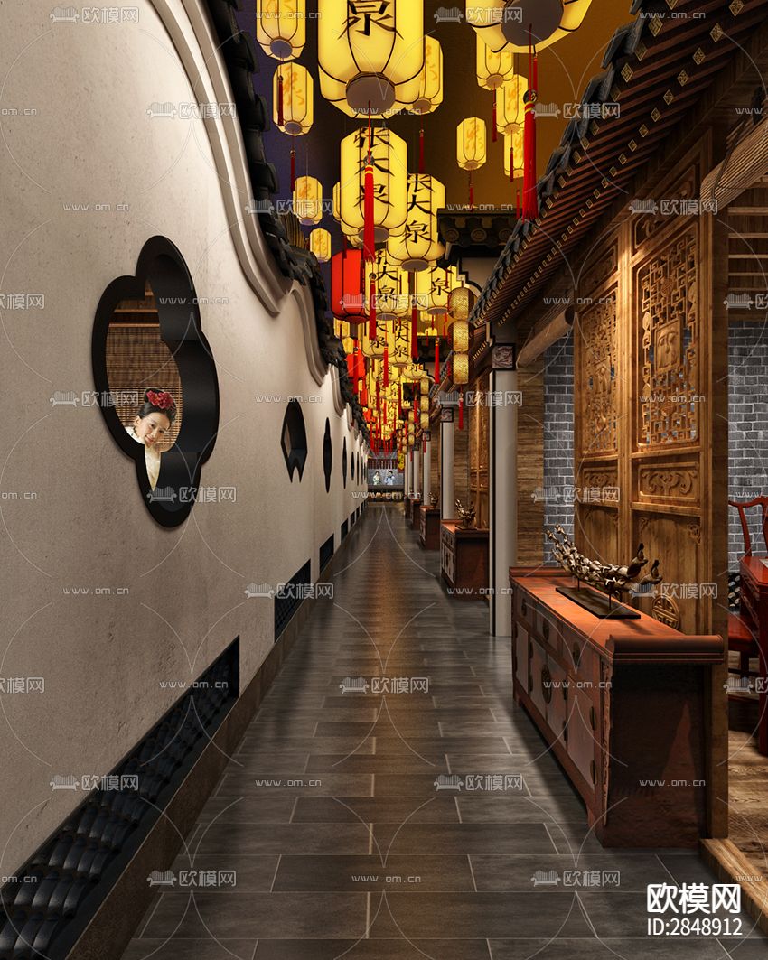 中餐厅CAD施工图下载（渲染图1）