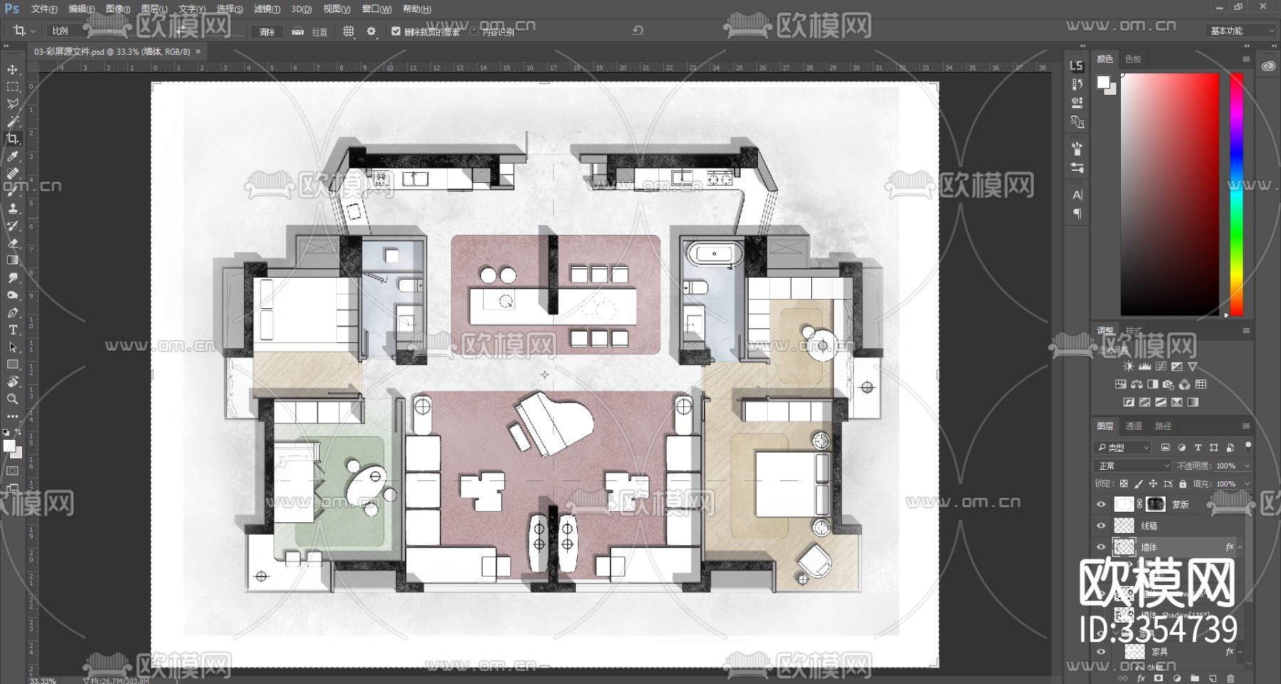 189㎡两户打通个性小豪宅平面优化案例源文件下载（渲染图3）
