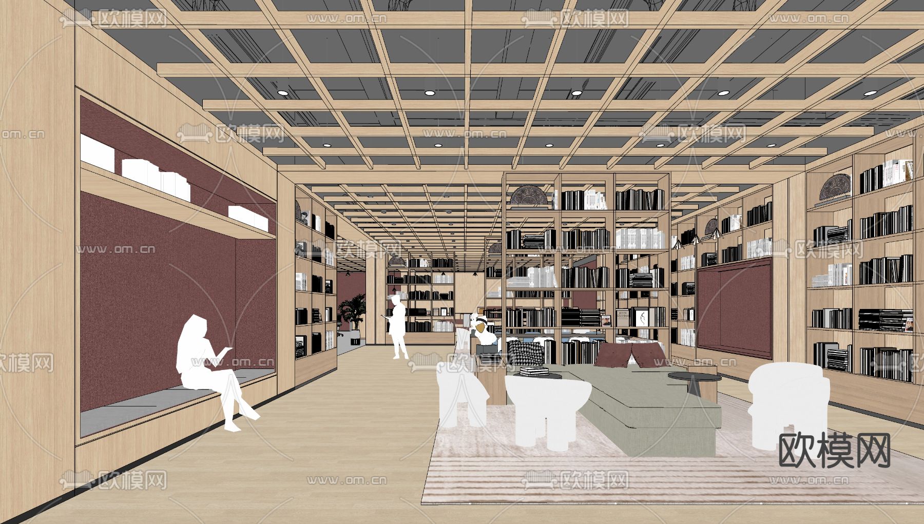 现代图书馆 书吧 阅览室su模型下载（渲染图2）