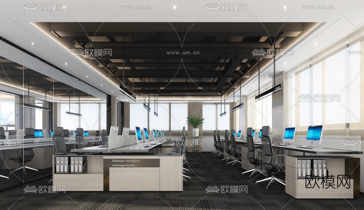 现代开放式办公区3d模型下载（渲染图1）