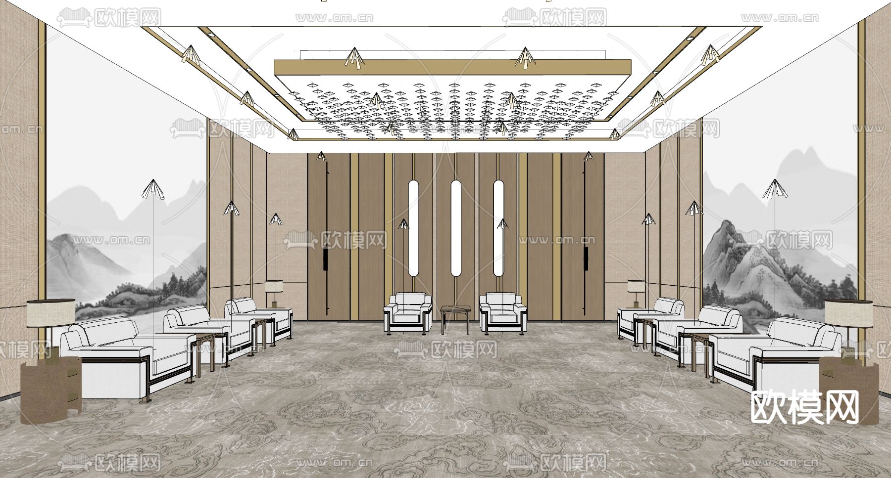 新中式接待室su模型下载（渲染图2）