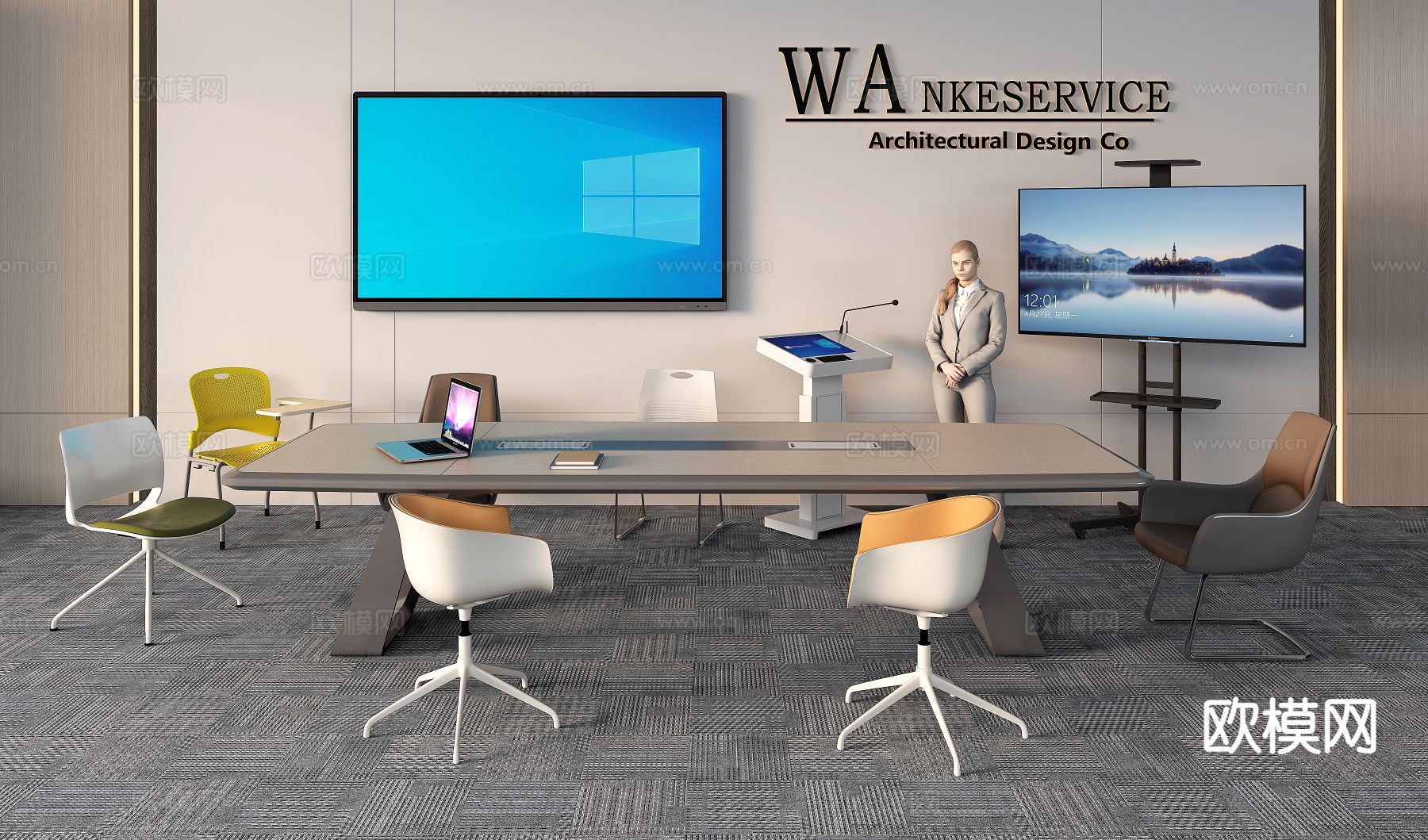 会议桌椅 演讲台su模型下载（渲染图4）