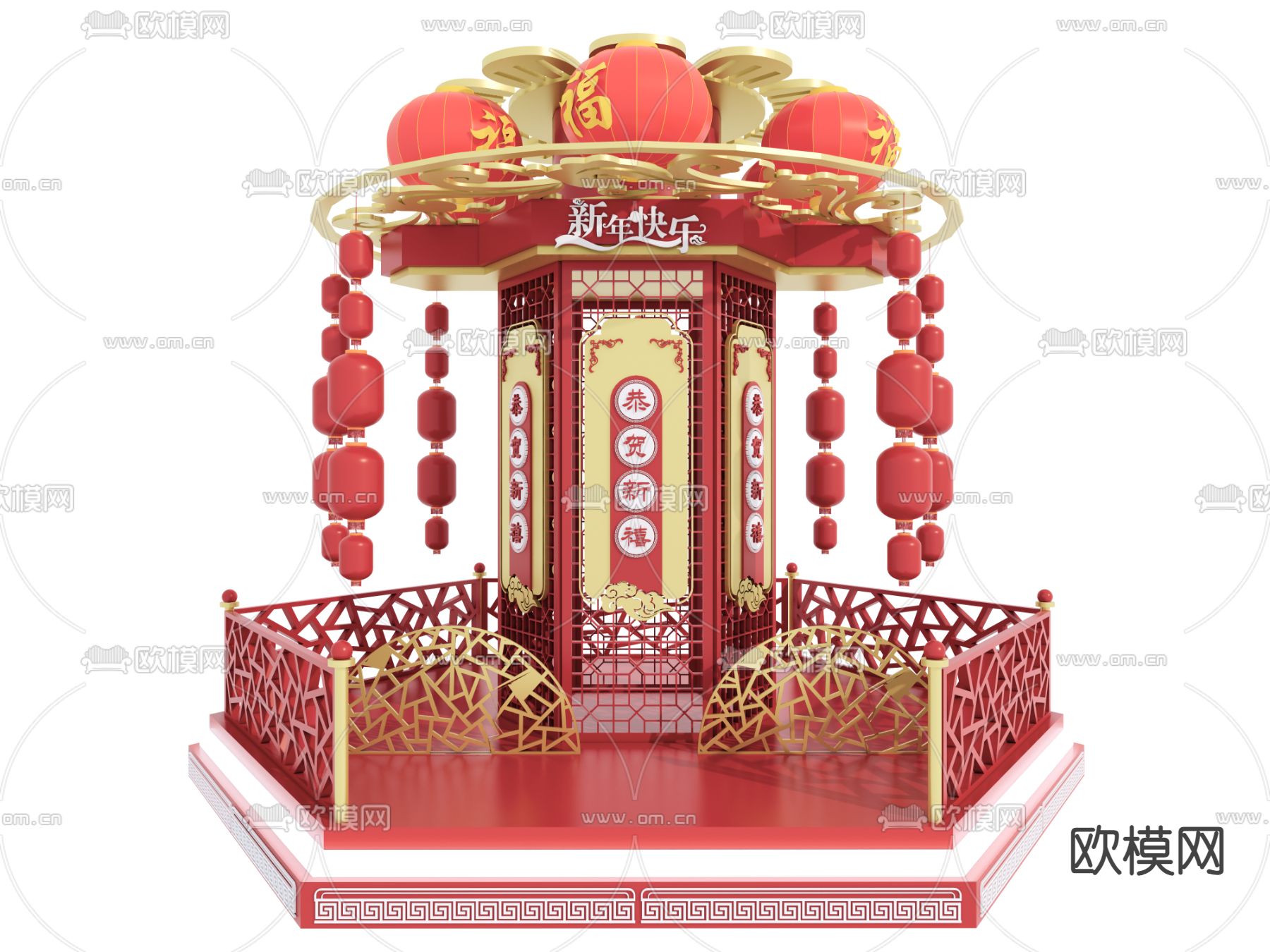 中式春节美陈 红色雕塑su模型
