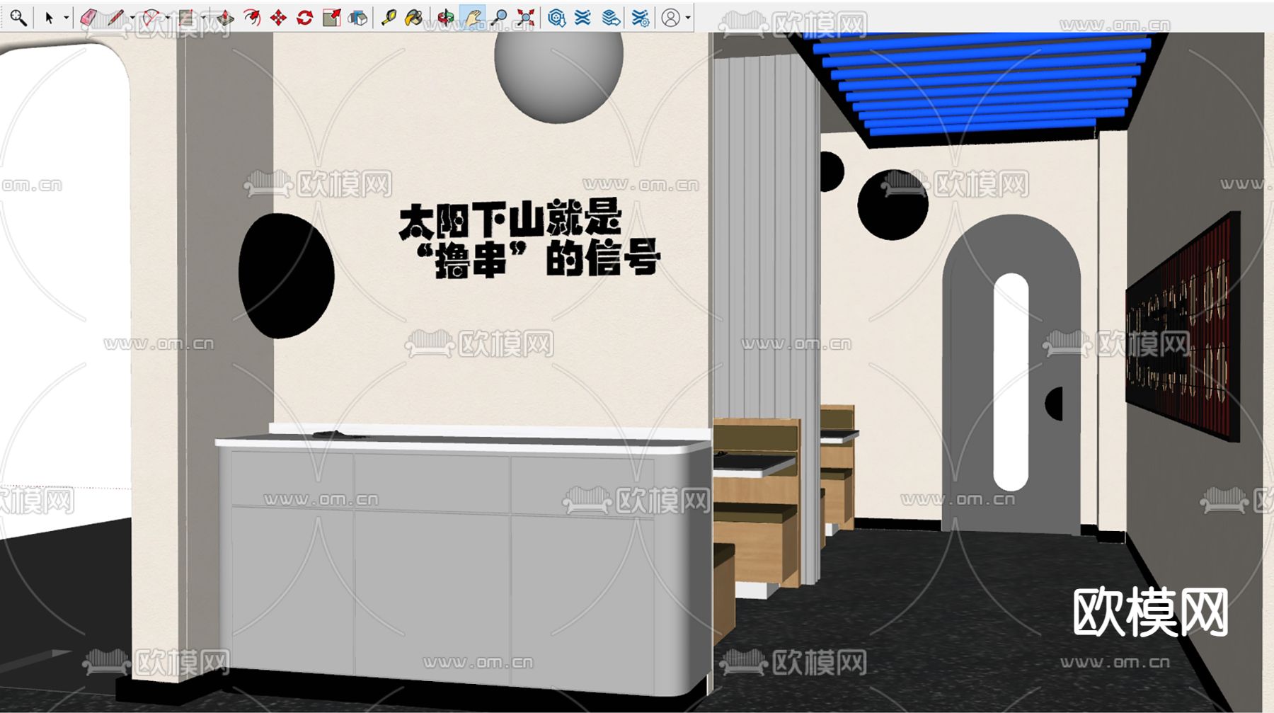 烧烤店 餐厅过道su模型下载（渲染图2）