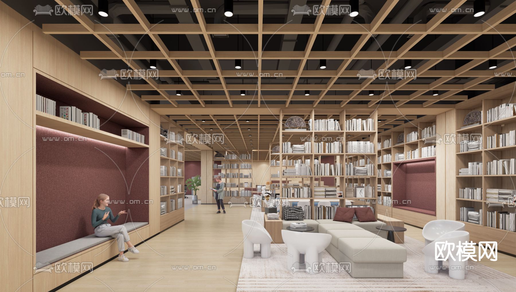 现代图书馆 书吧 阅览室su模型下载（渲染图1）