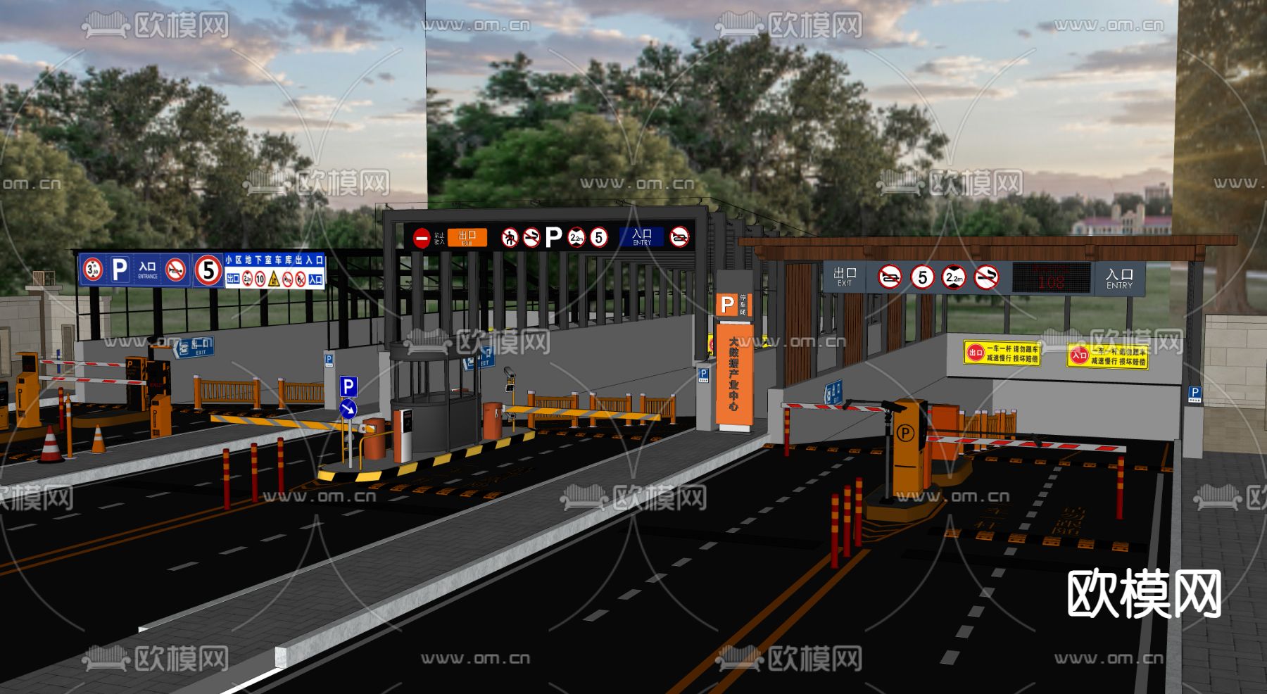 车库入口 停车场入口 起落杆道闸su模型下载（渲染图1）