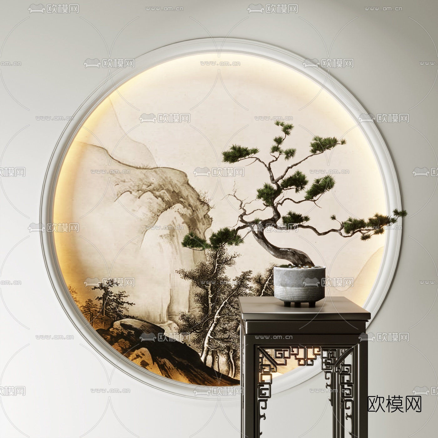 新中式松树盆景花架3d模型下载（渲染图1）