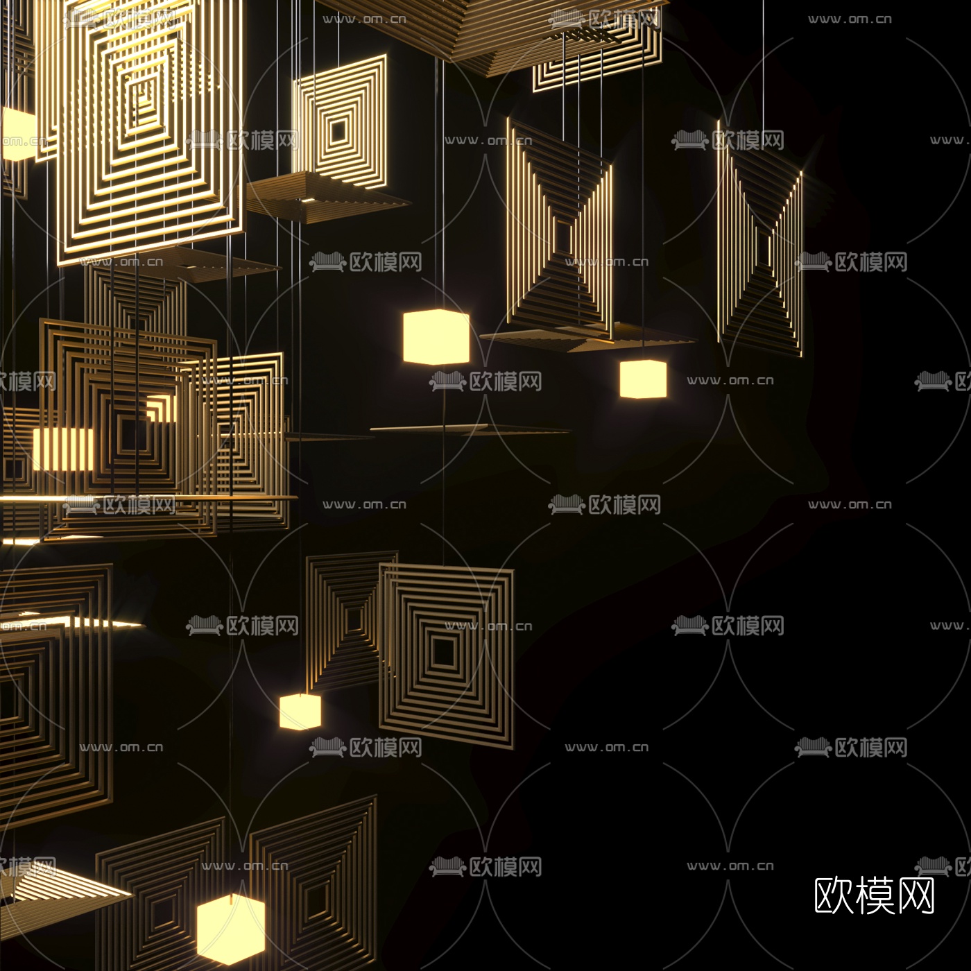 现代方形金属片吊灯3d模型下载（渲染图2）