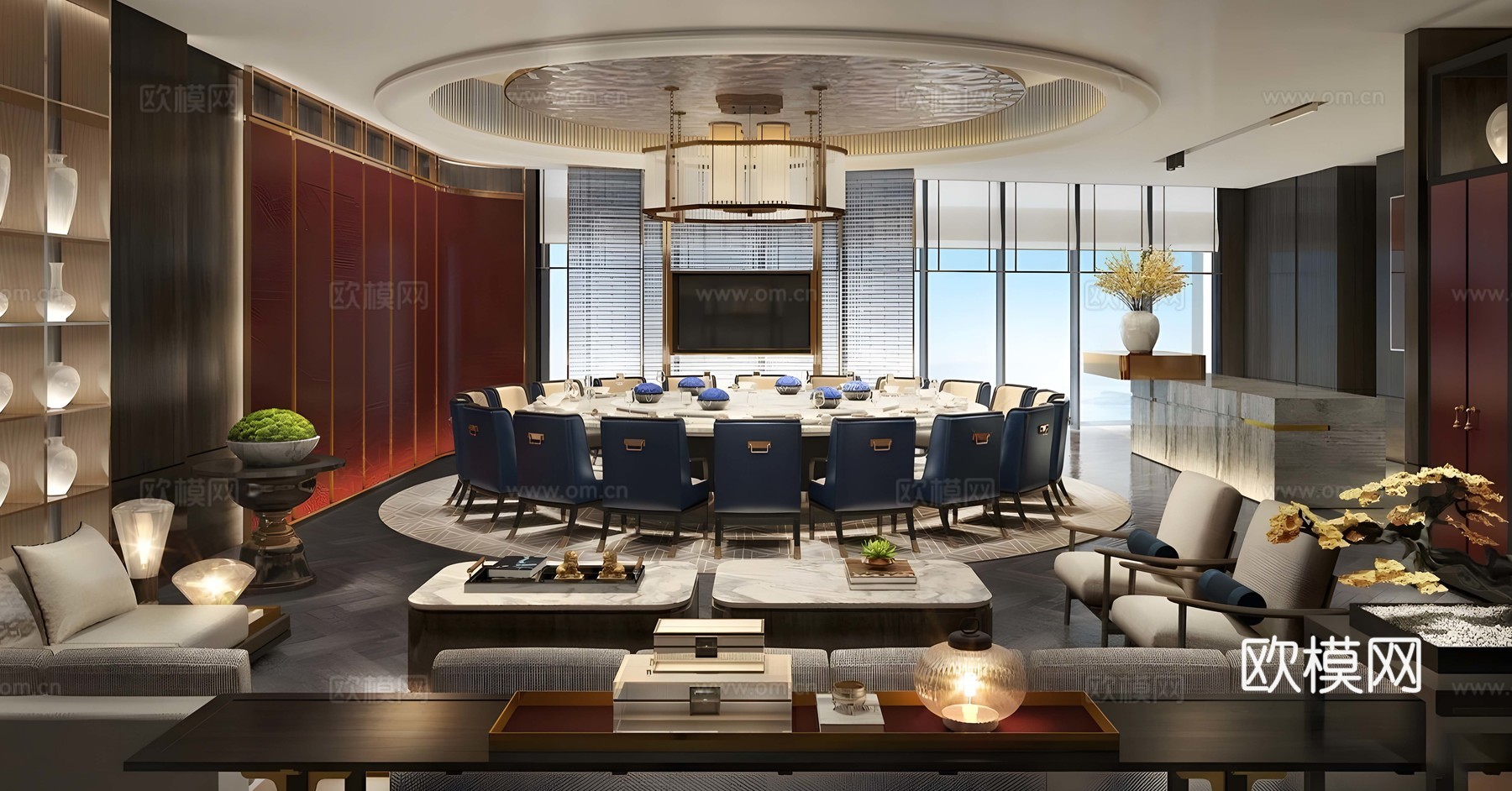 新中式包厢 中餐厅包厢 包厢餐桌椅 圆桌餐桌椅 四人以上餐桌su模型下载（渲染图1）