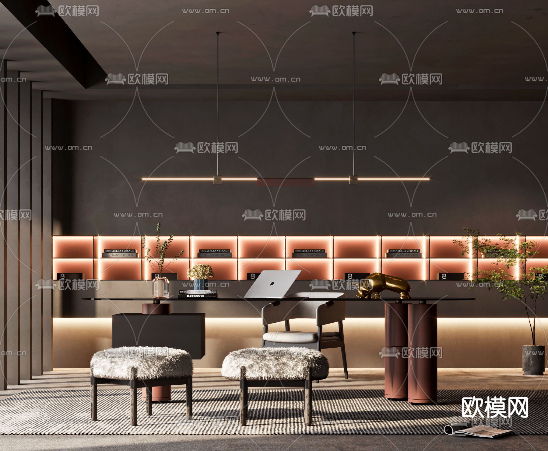 现代轻奢书桌椅su模型下载（渲染图1）