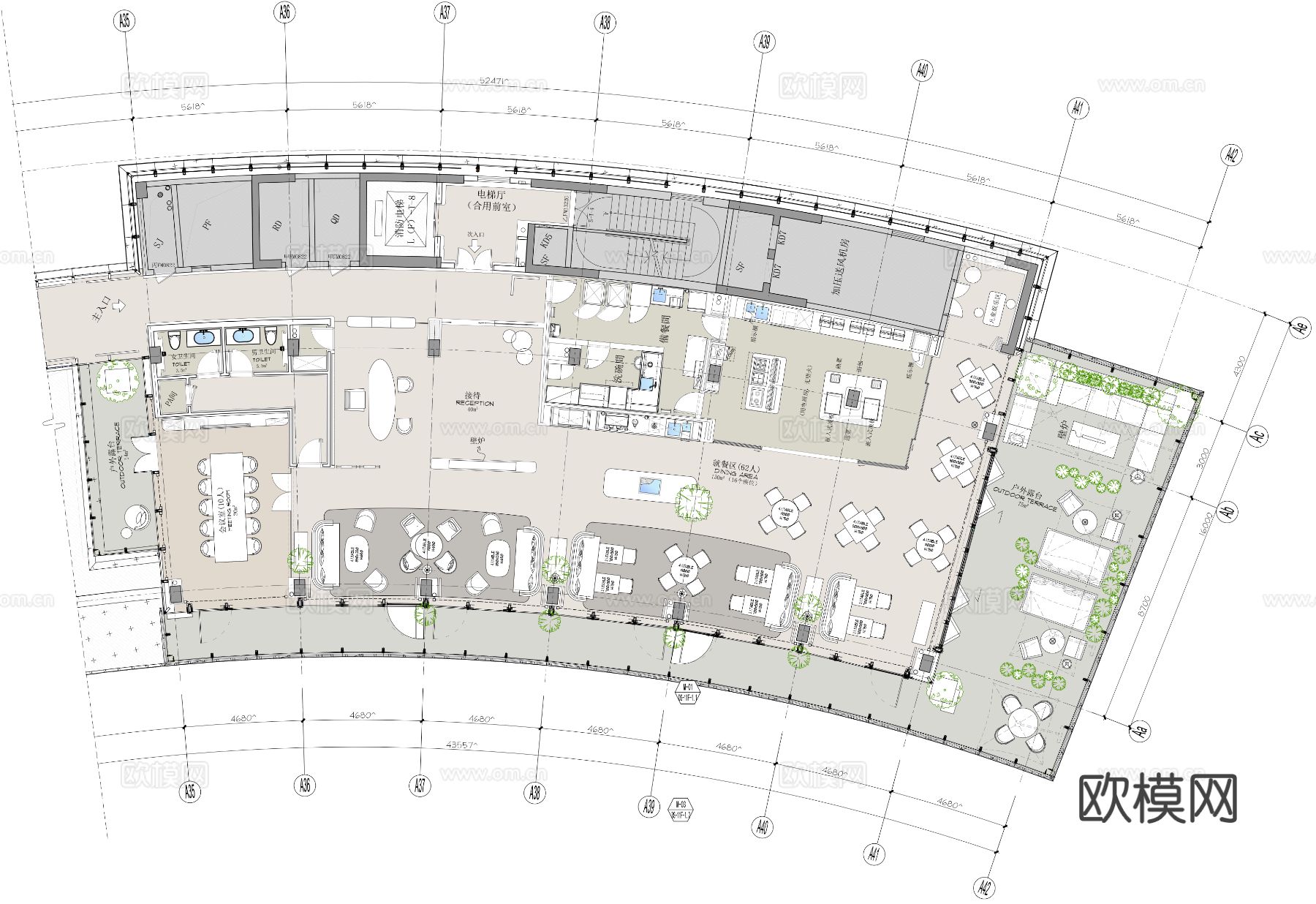 高级餐厅cad平面图下载（渲染图1）