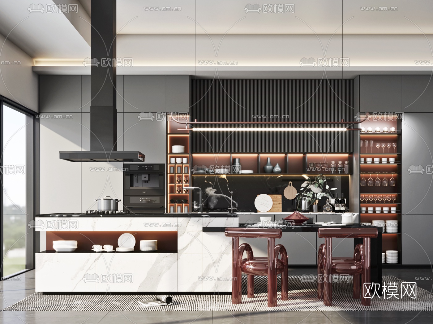 现代中岛厨房餐厅3d模型下载（渲染图1）