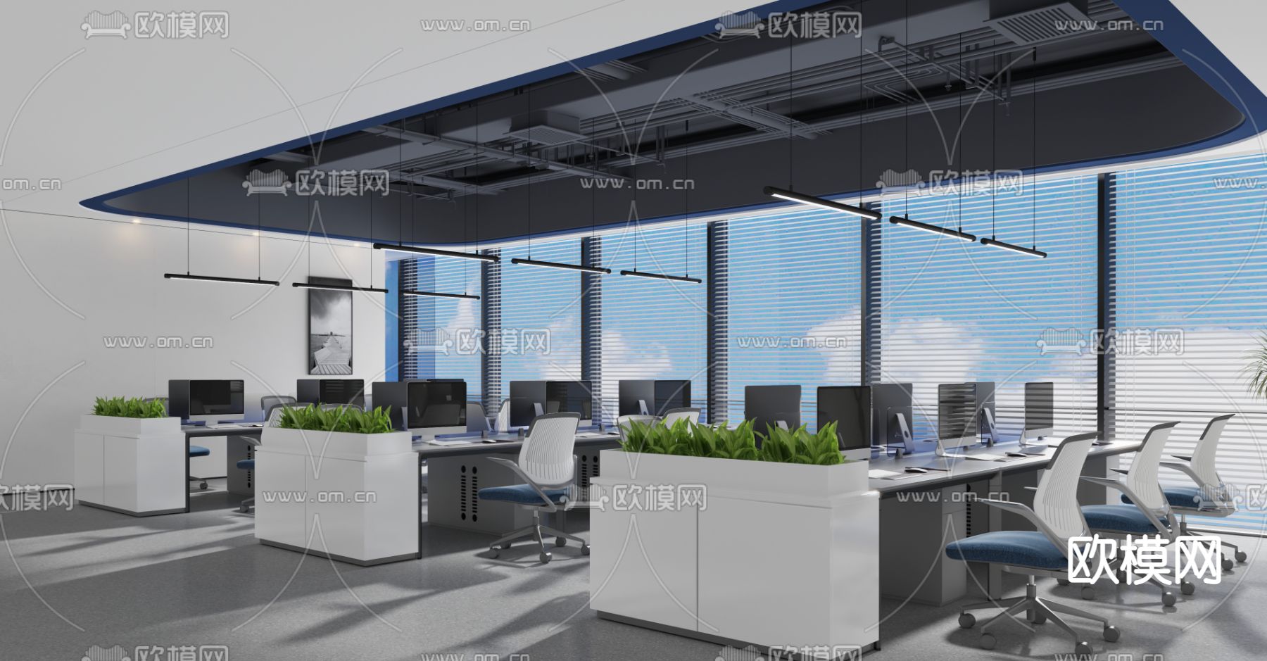 现代敞开式办公区3d模型下载（渲染图1）