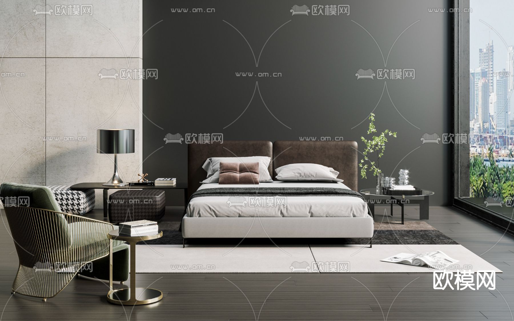现代布艺双人床3d模型下载（渲染图3）
