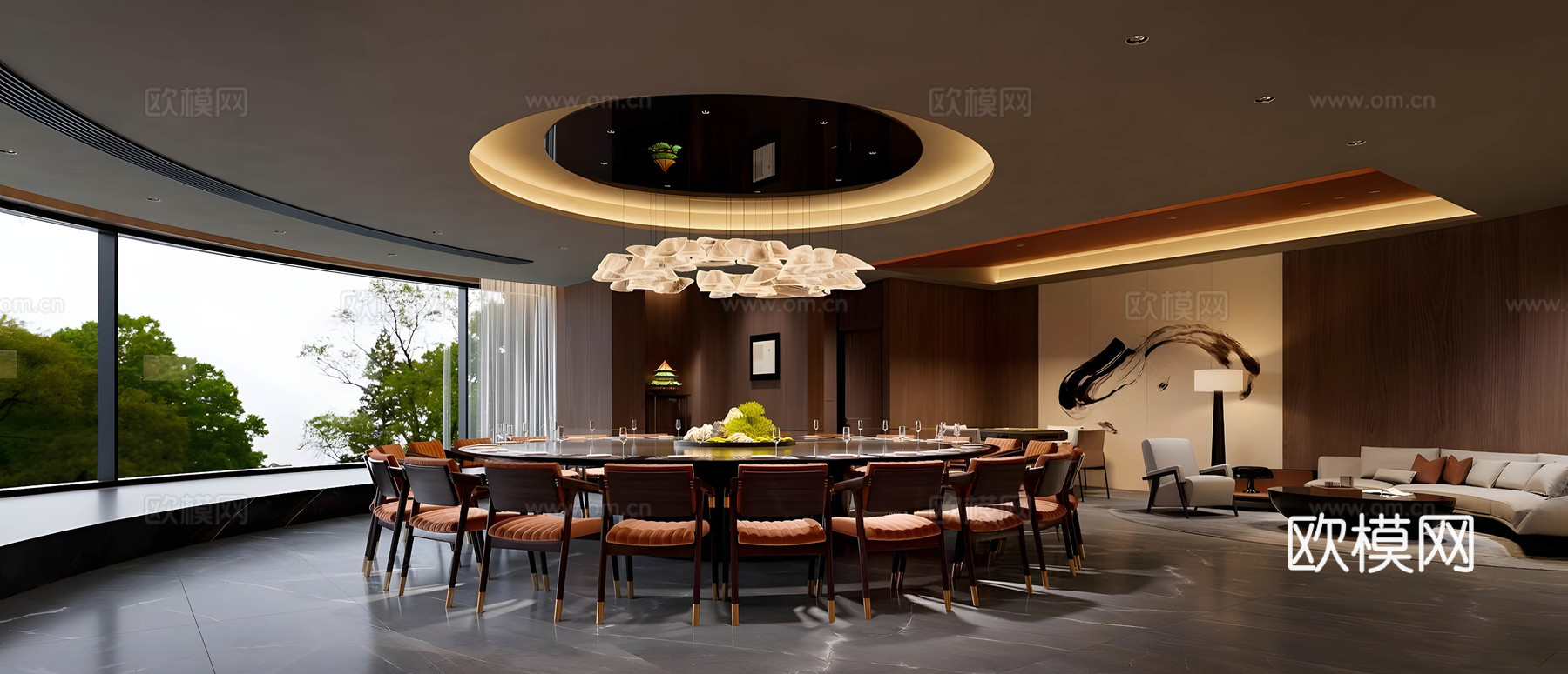 新中式包厢 餐厅包厢 会所包厢 包厢餐桌椅 四人以上餐桌椅su模型下载（渲染图1）