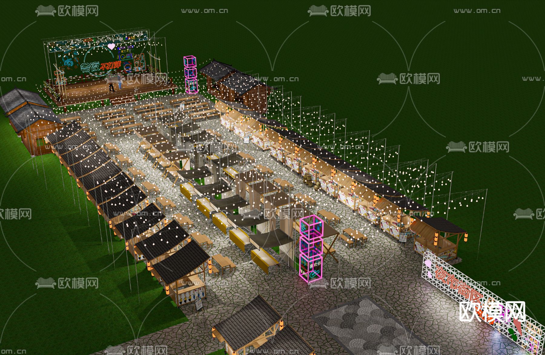 夜市摊位 小摊 美食街 霓虹灯 氛围灯su模型下载（渲染图2）