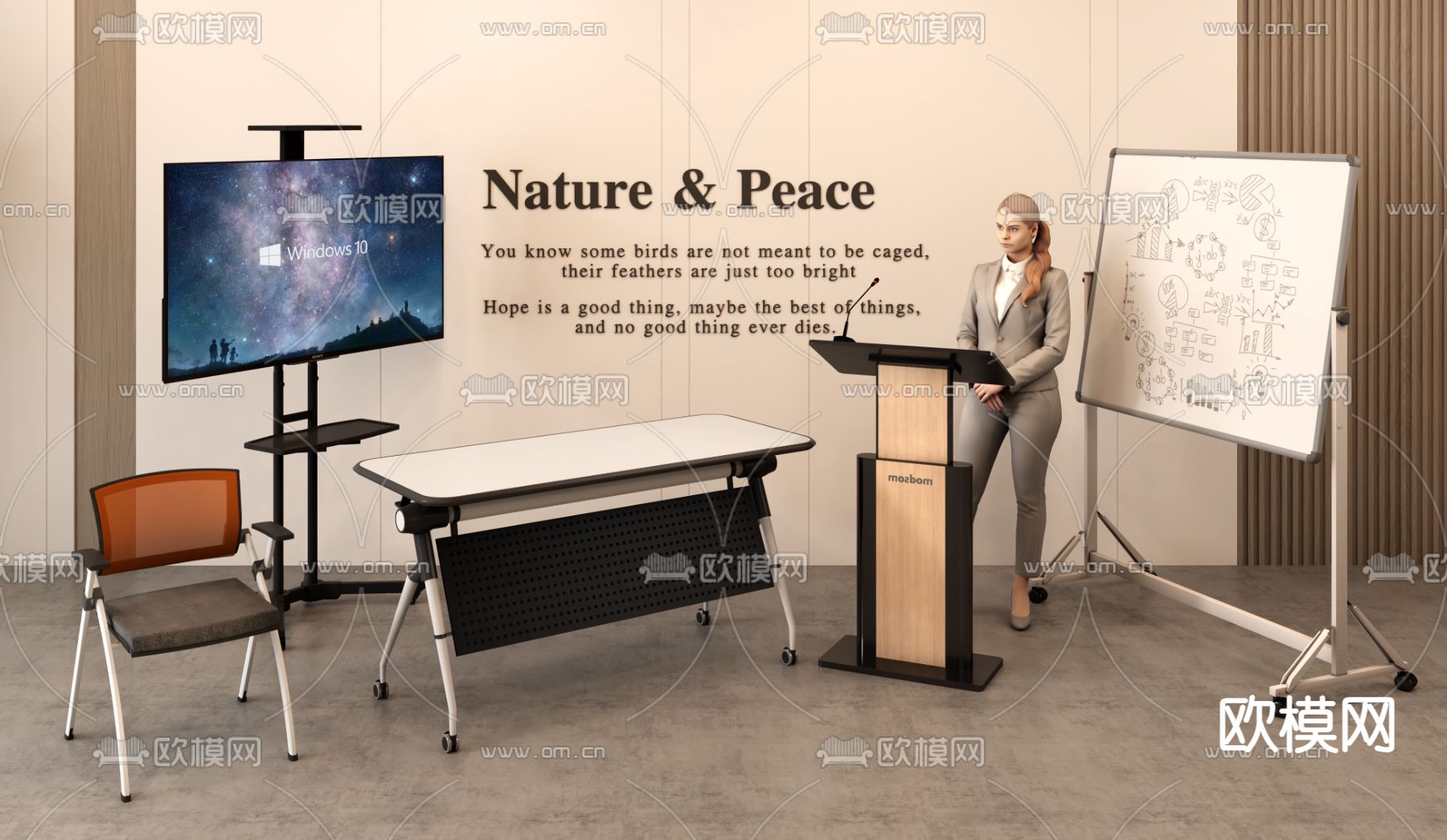 培训桌 演讲台 办公白板 移动显示器su模型下载（渲染图1）