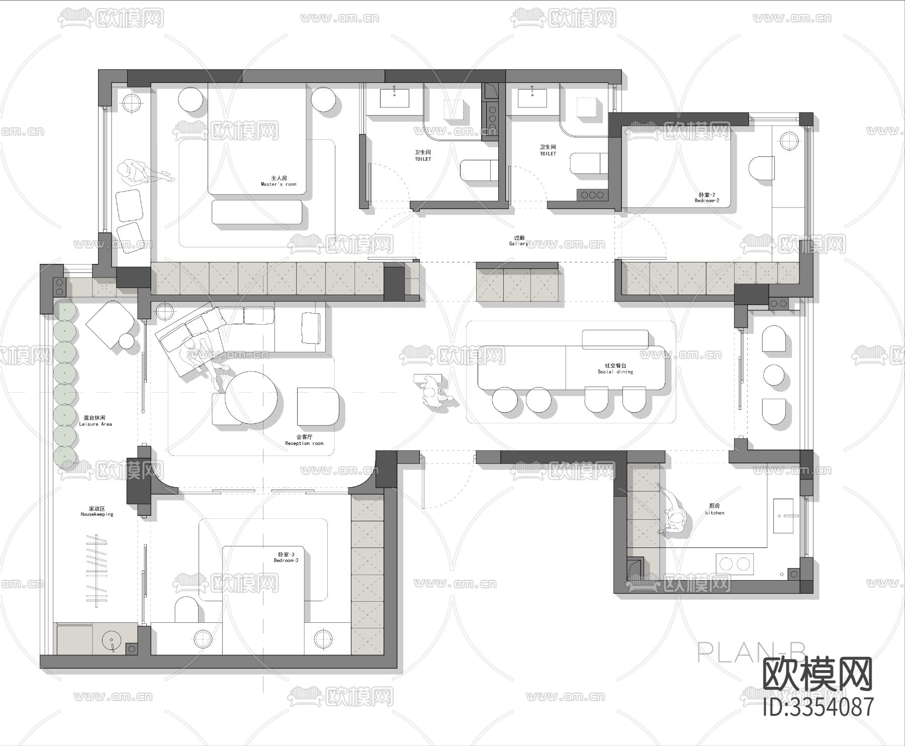 128㎡三室常规户型创新平面优化案例源文件下载（渲染图3）