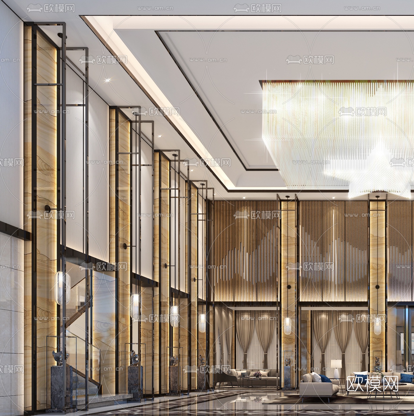 新中式酒店大堂前台接待区3d模型下载（渲染图4）