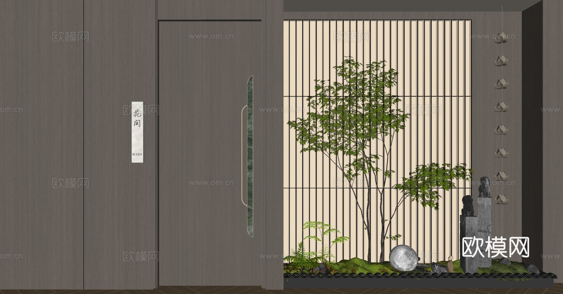 新中式室内景观 景观小品 室内景观造景 植物堆 植物组合su模型