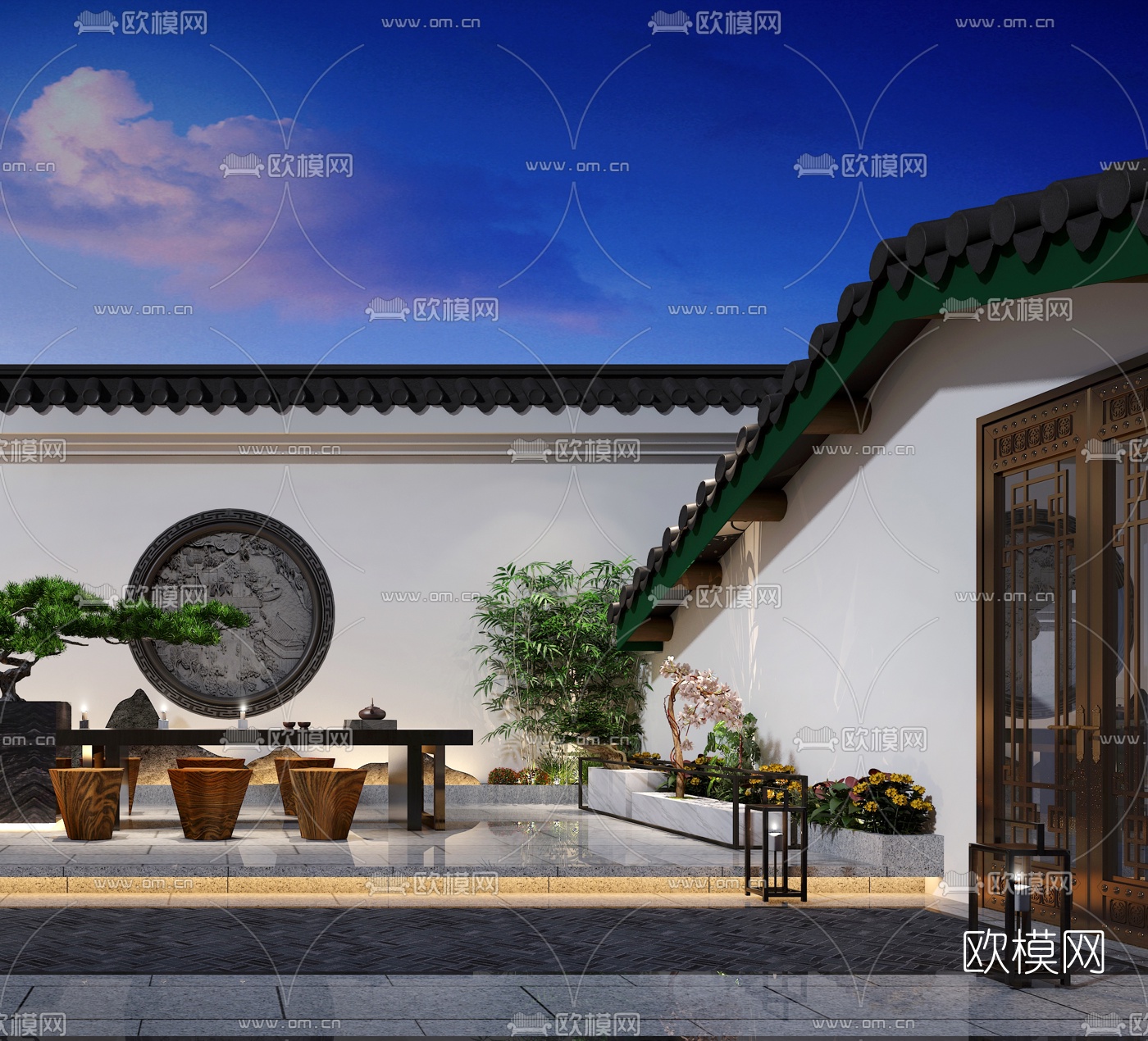 新中式屋顶露台花园品茶区3d模型下载（渲染图3）